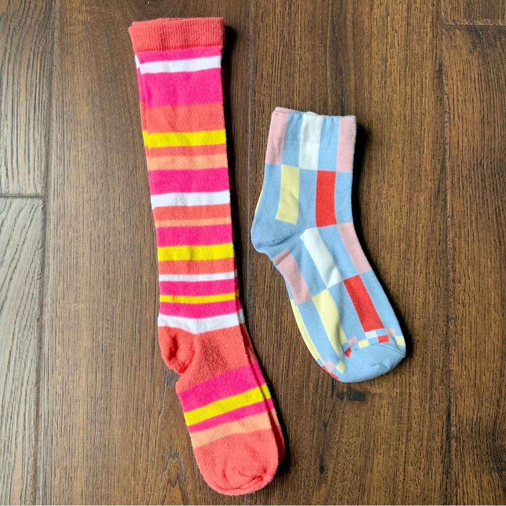 2 Pairs of Bright Orange Multi-Striped Knee Sock and Colorblock Ankle Sock Set